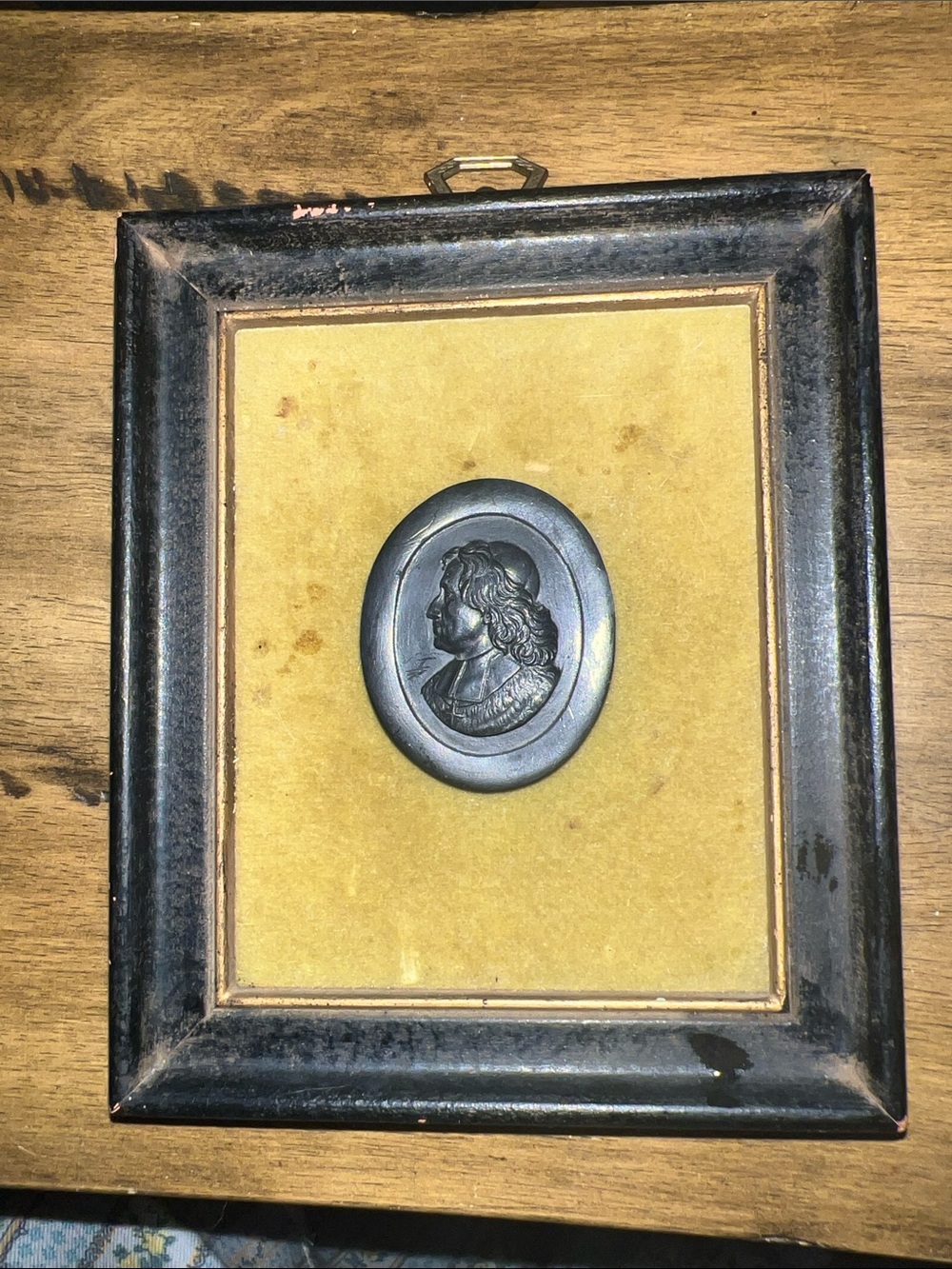 Antique Black Framed Mourning Wall Plaque with Oval Vulcanite Cameo